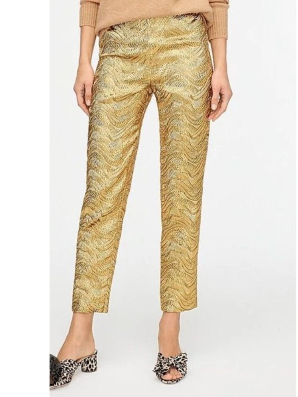 J CREW Collection High-Rise Cigarette Pant Metallic Gold Leaf Print Jacquard 8